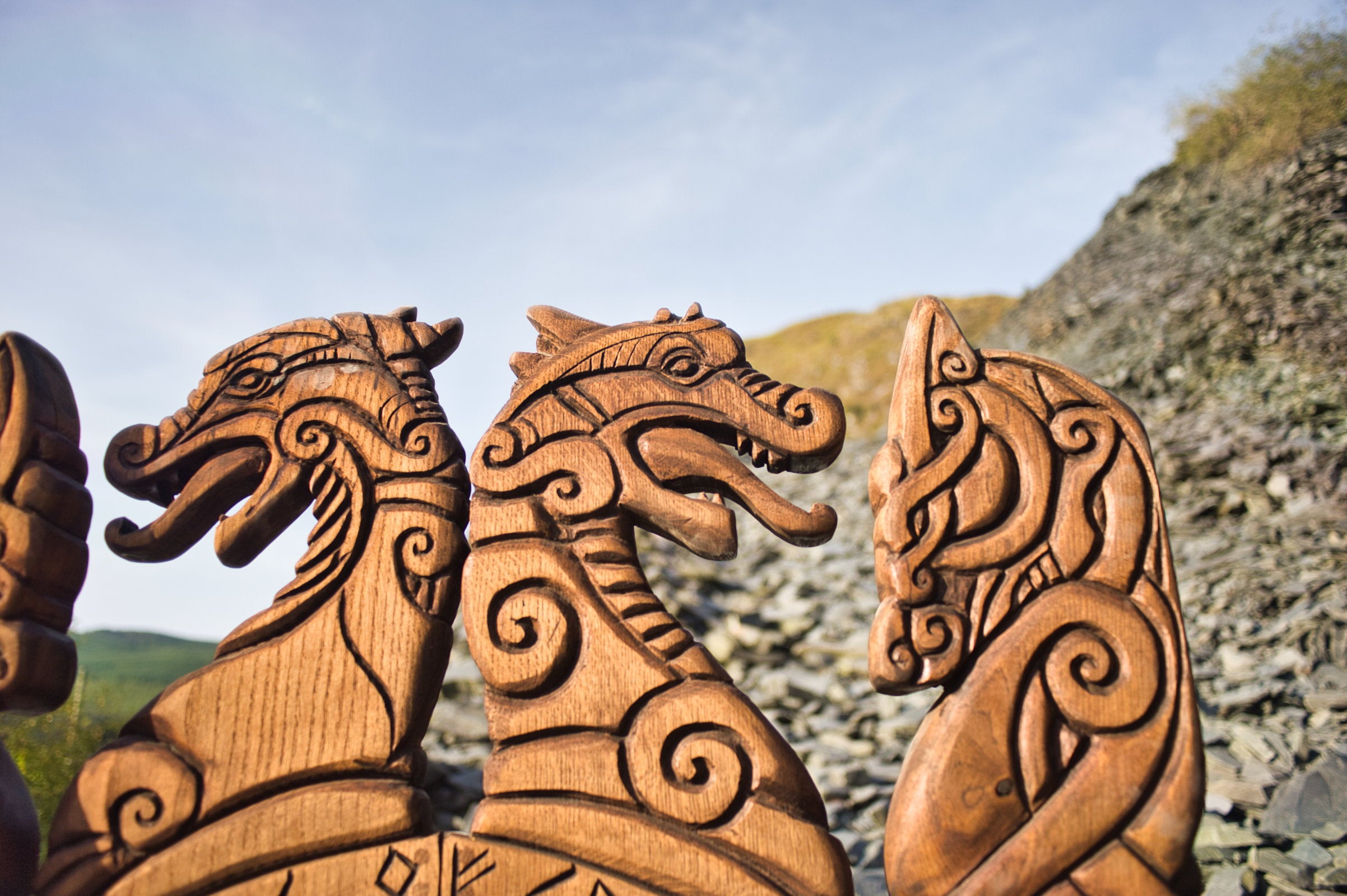 Close-up of dragon carvings on Viking Throne Chair