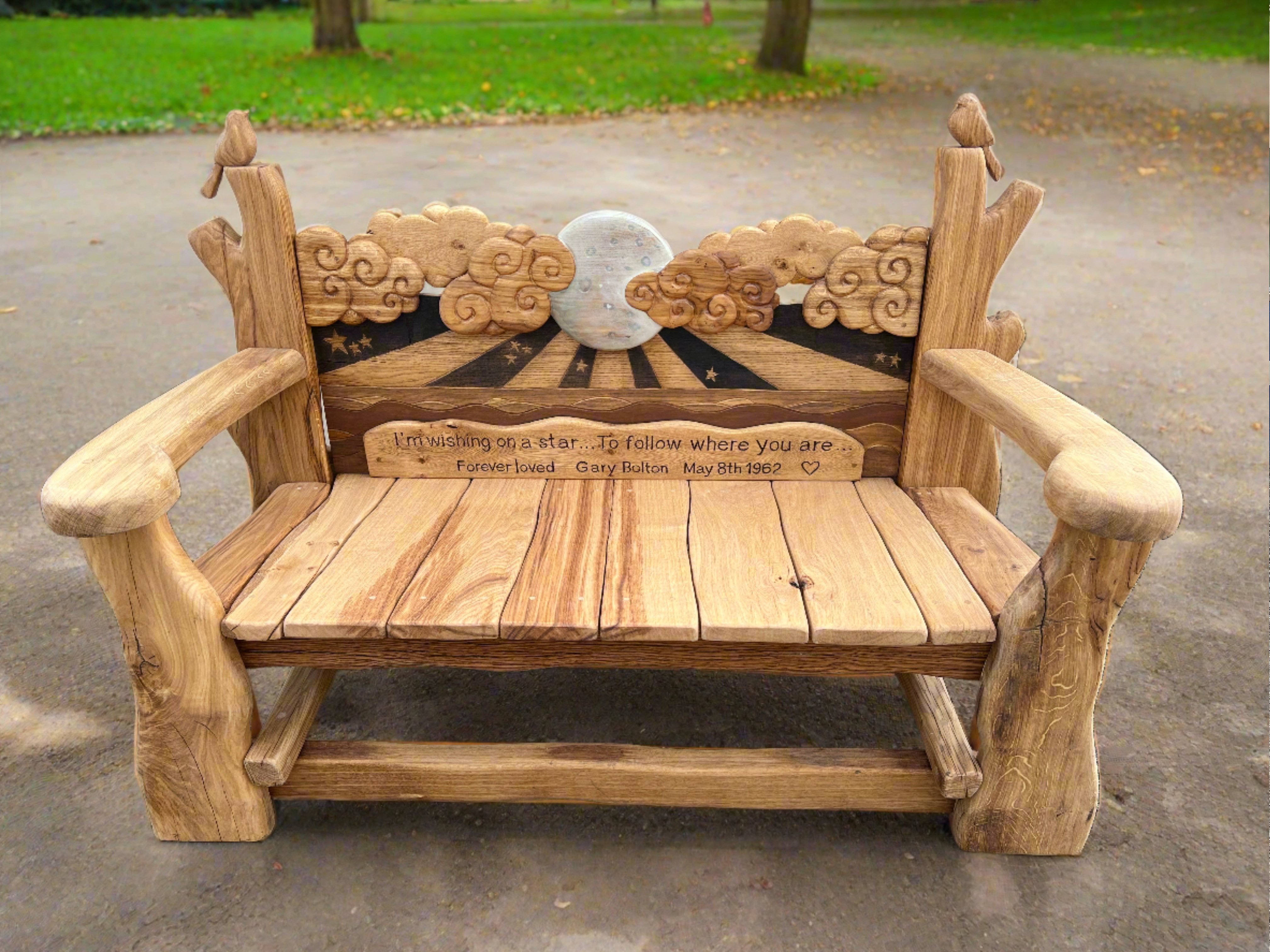 Wooden bench featuring whimsical star and cloud design