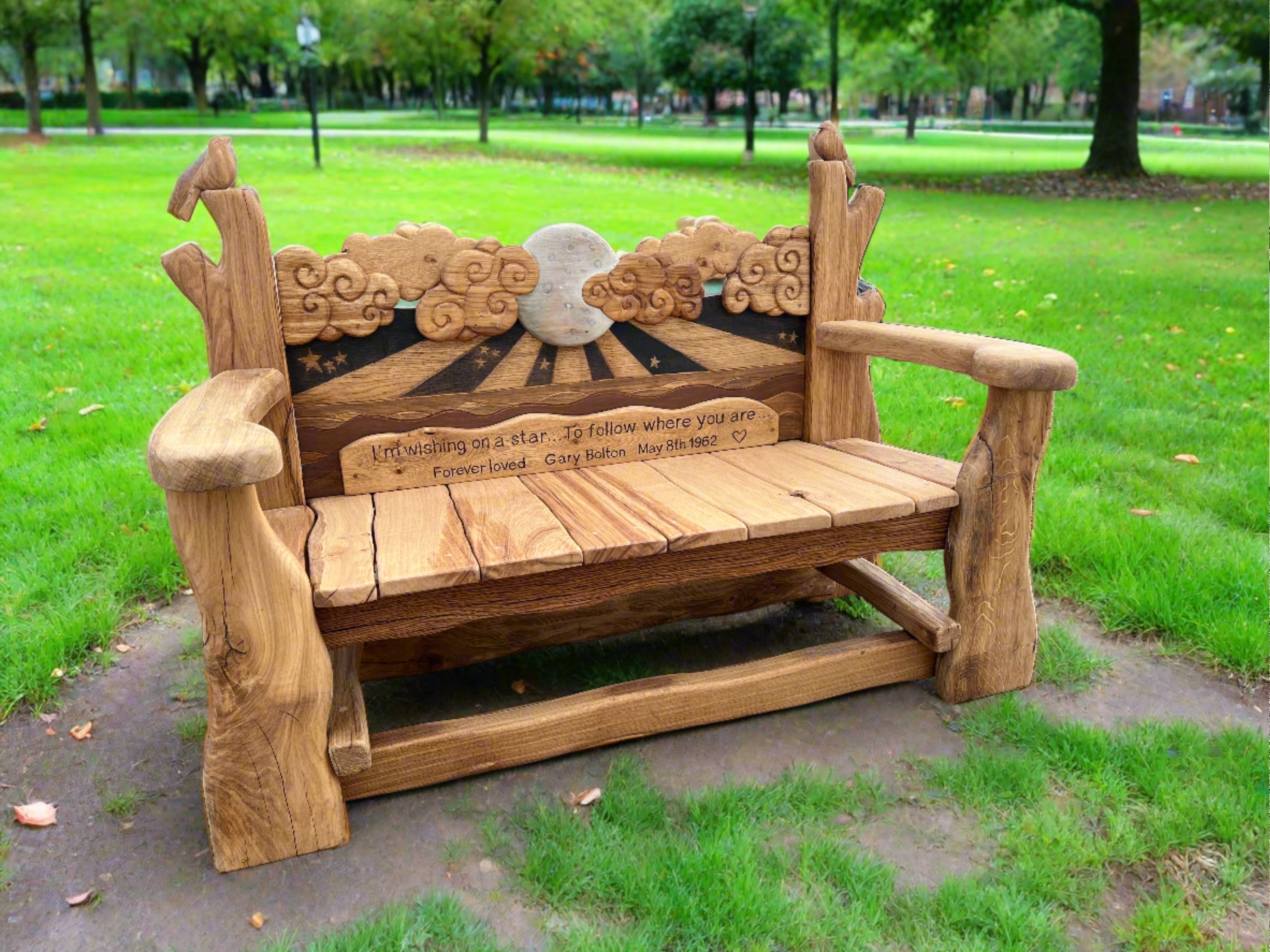 Garden bench with whimsical wishing star and heartfelt engravings