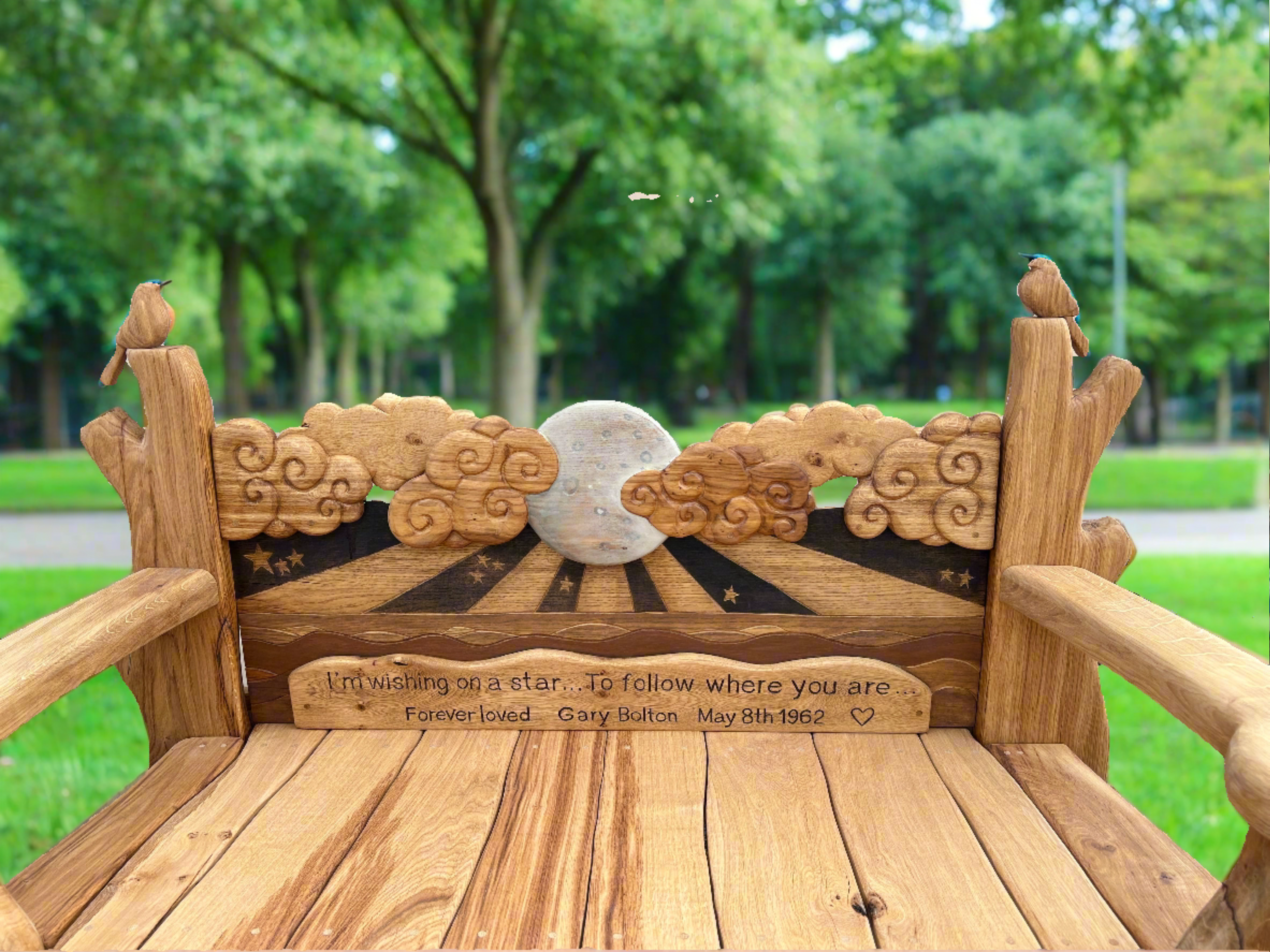 Close-up of whimsical wishing star bench backrest design