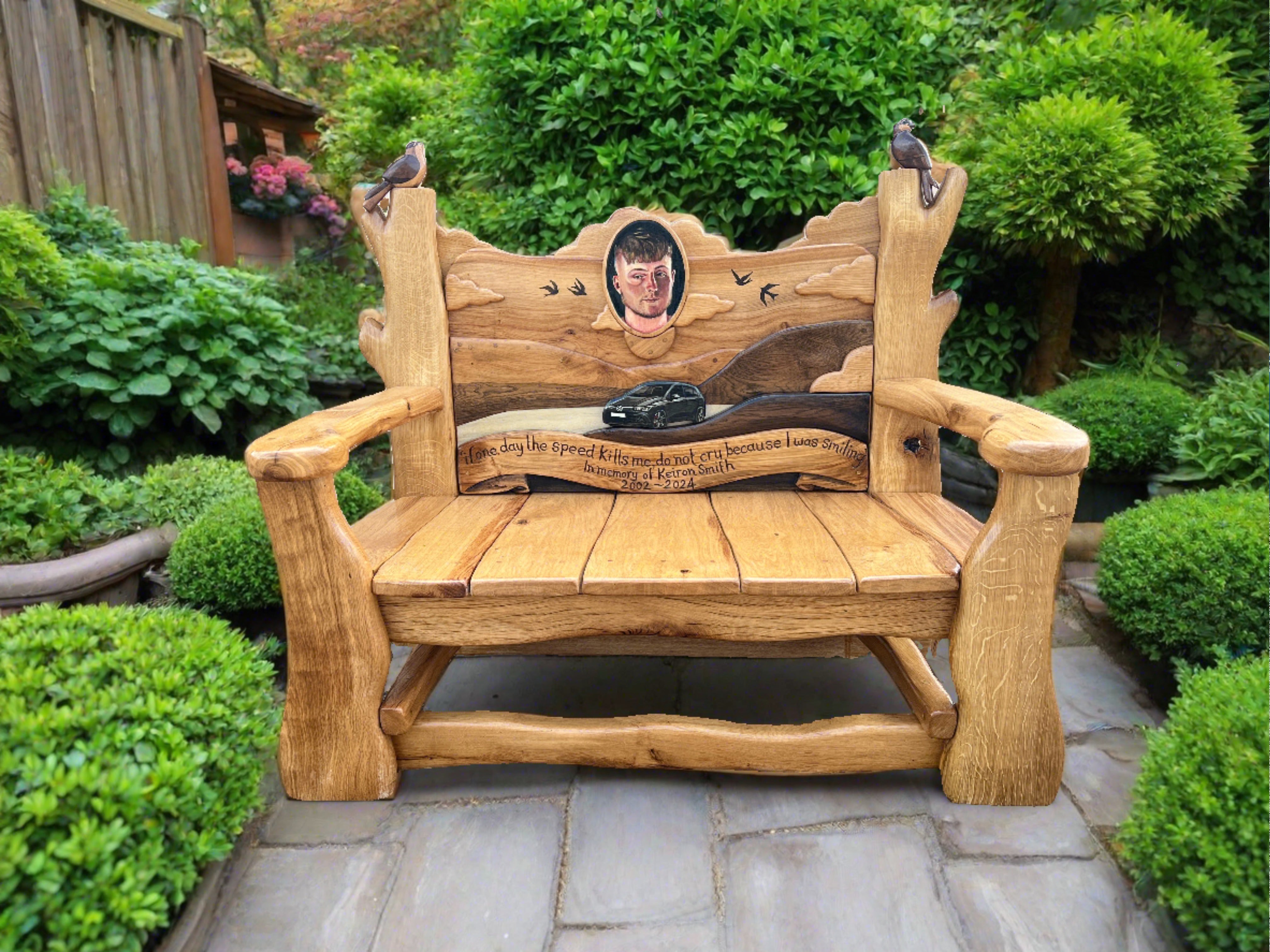 Memorial bench with custom engraving in lush garden