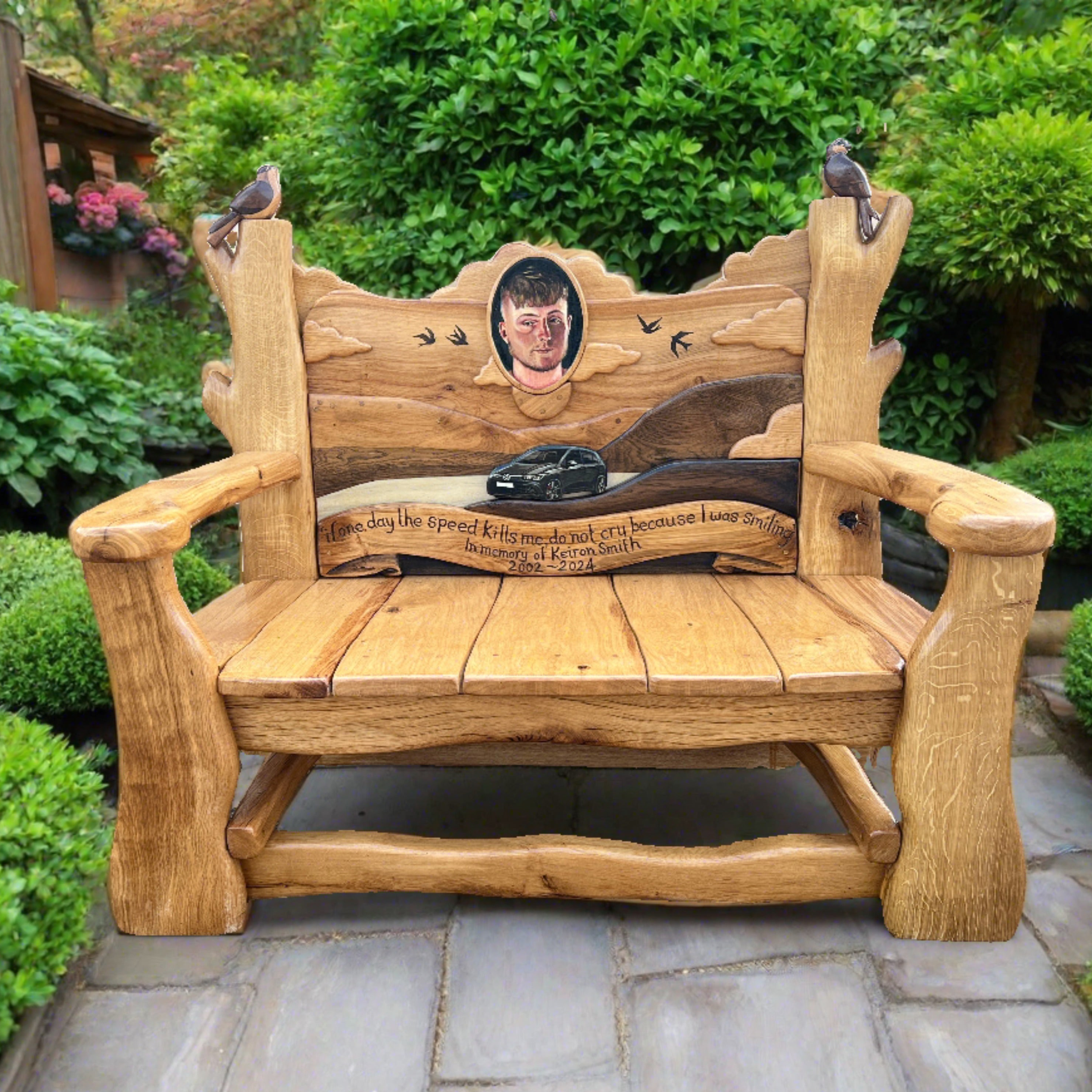 Handcrafted memorial bench with engraved tribute in garden setting