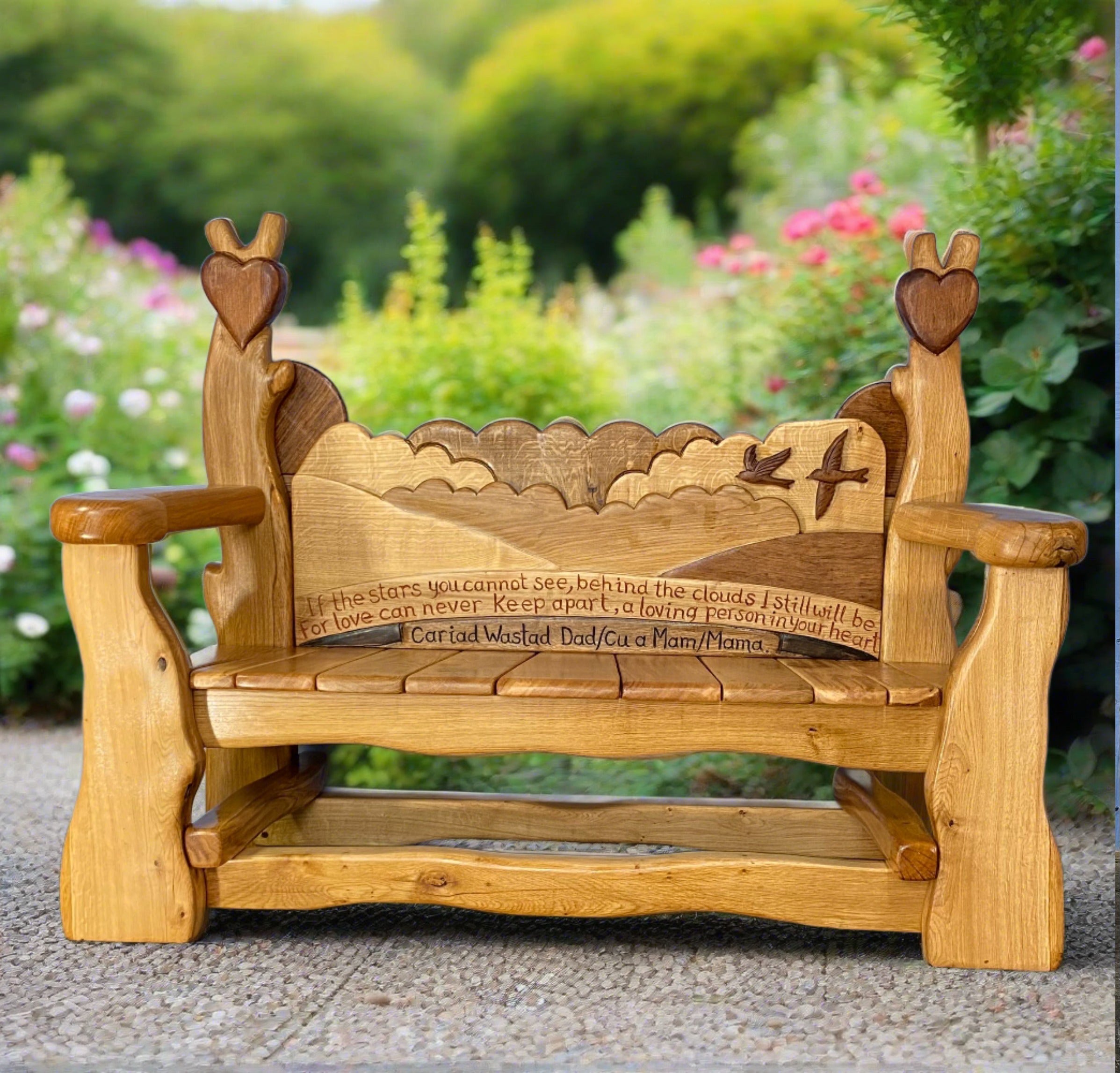 Heartfelt wooden memorial bench with engraved message