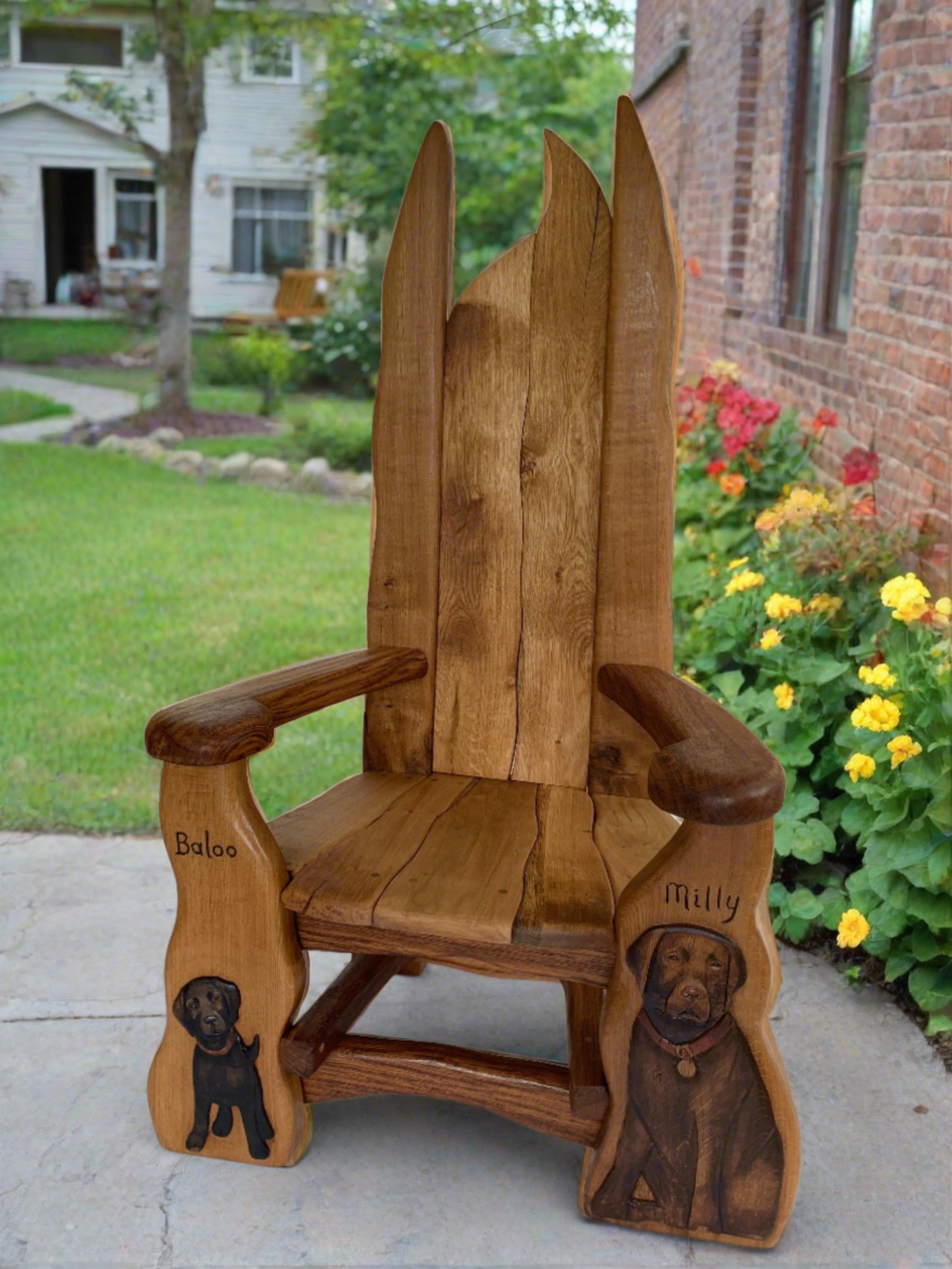 Wooden bench with dog carvings in garden