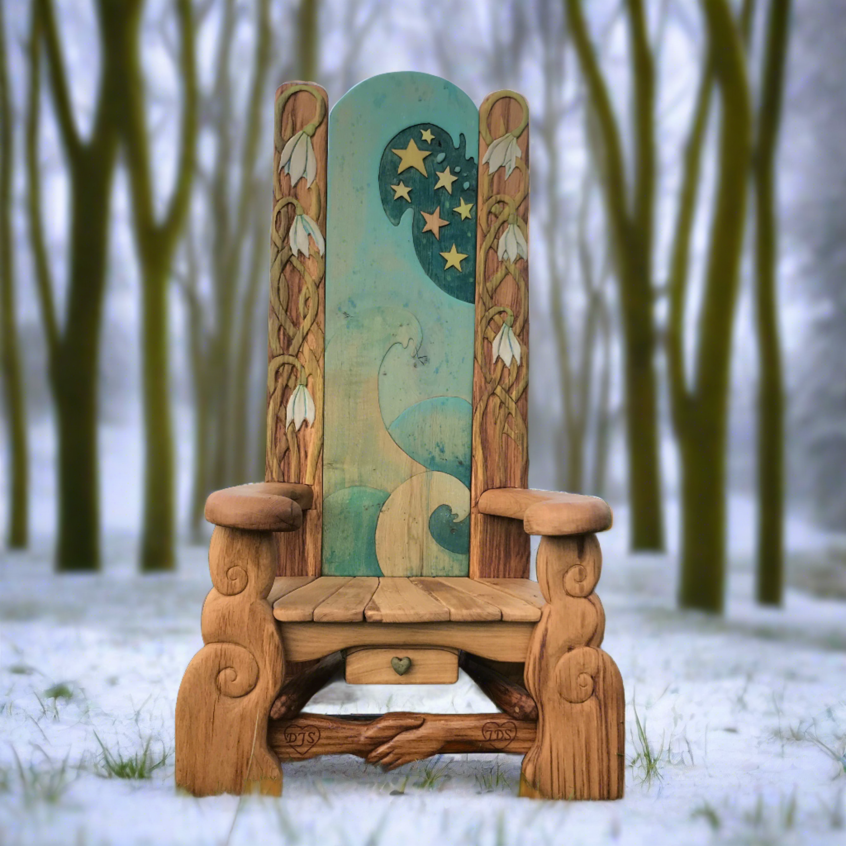 Whimsical storytelling chair in snowy forest