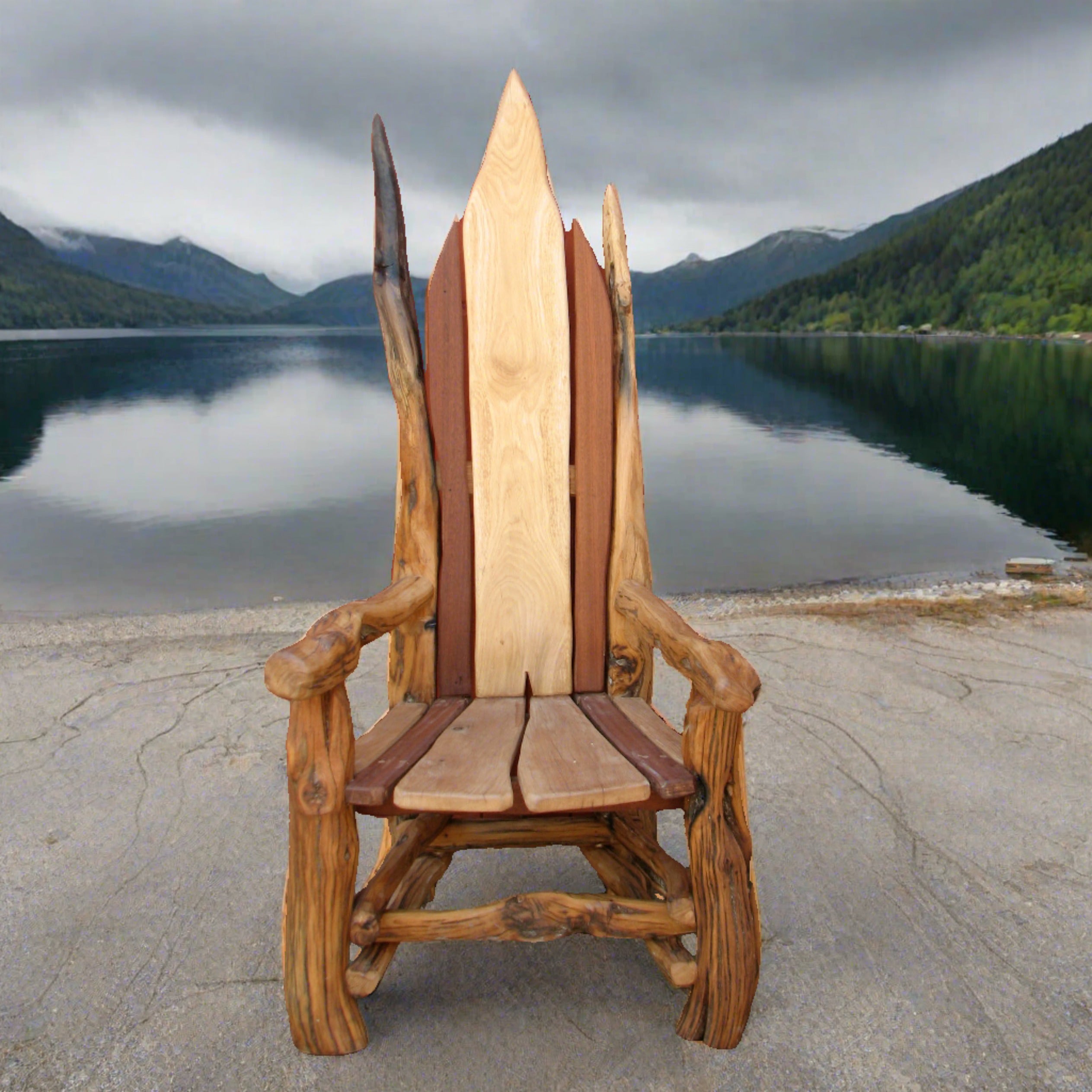 Viking-style wooden chair with carvings