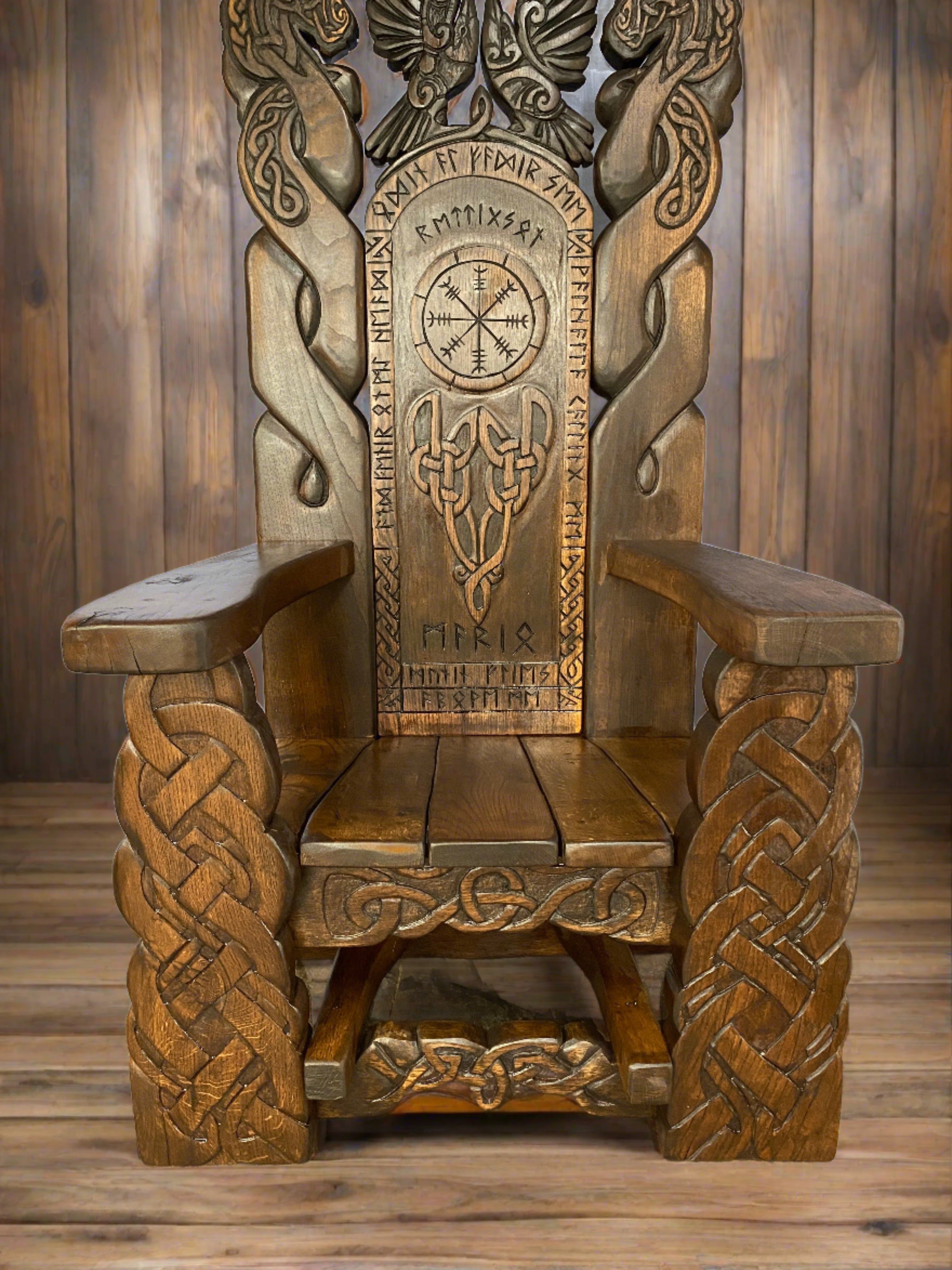 Wooden Viking Throne Chair with intricate carvings