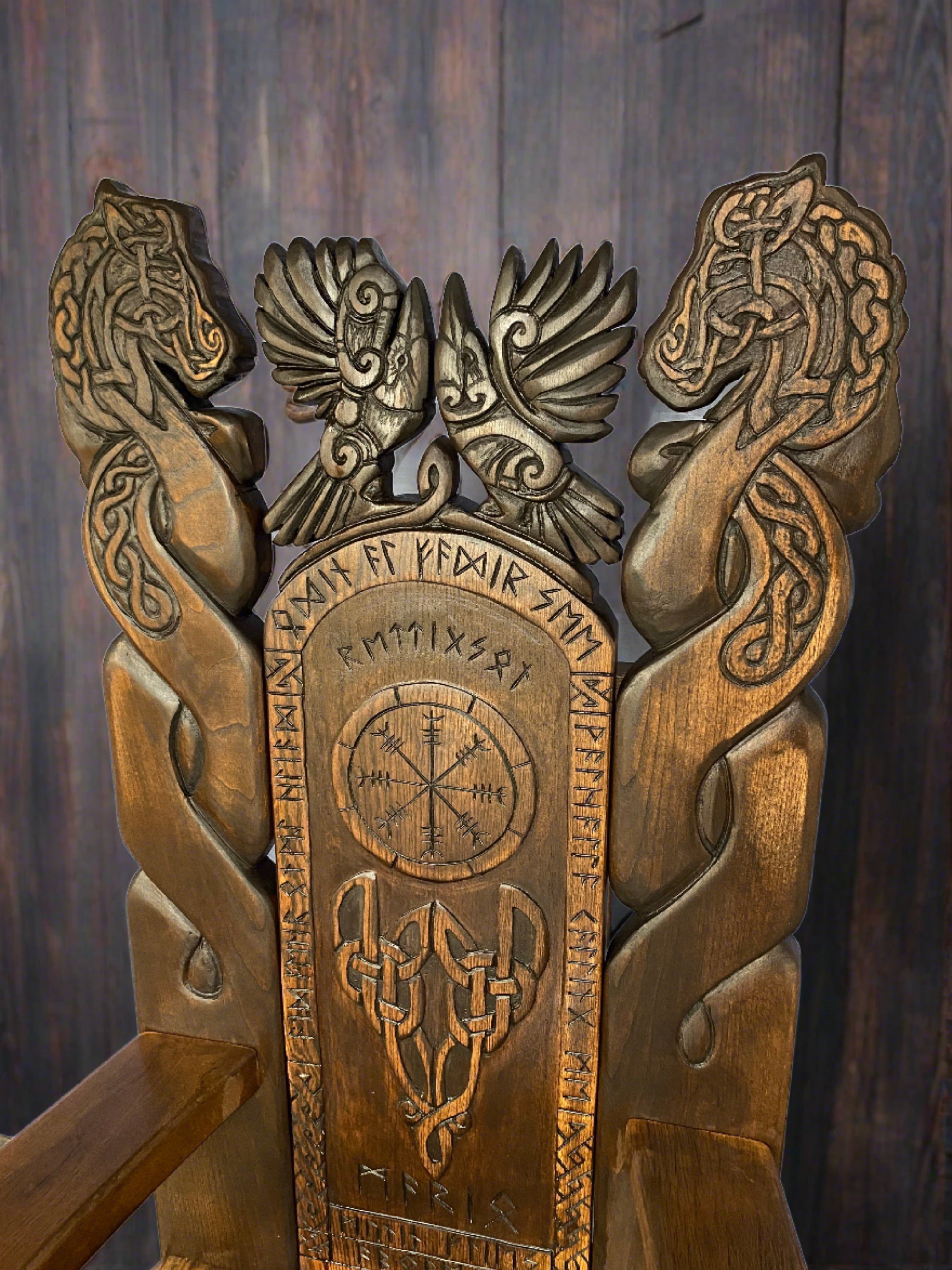 Top carvings of Viking Throne Chair with Celtic designs