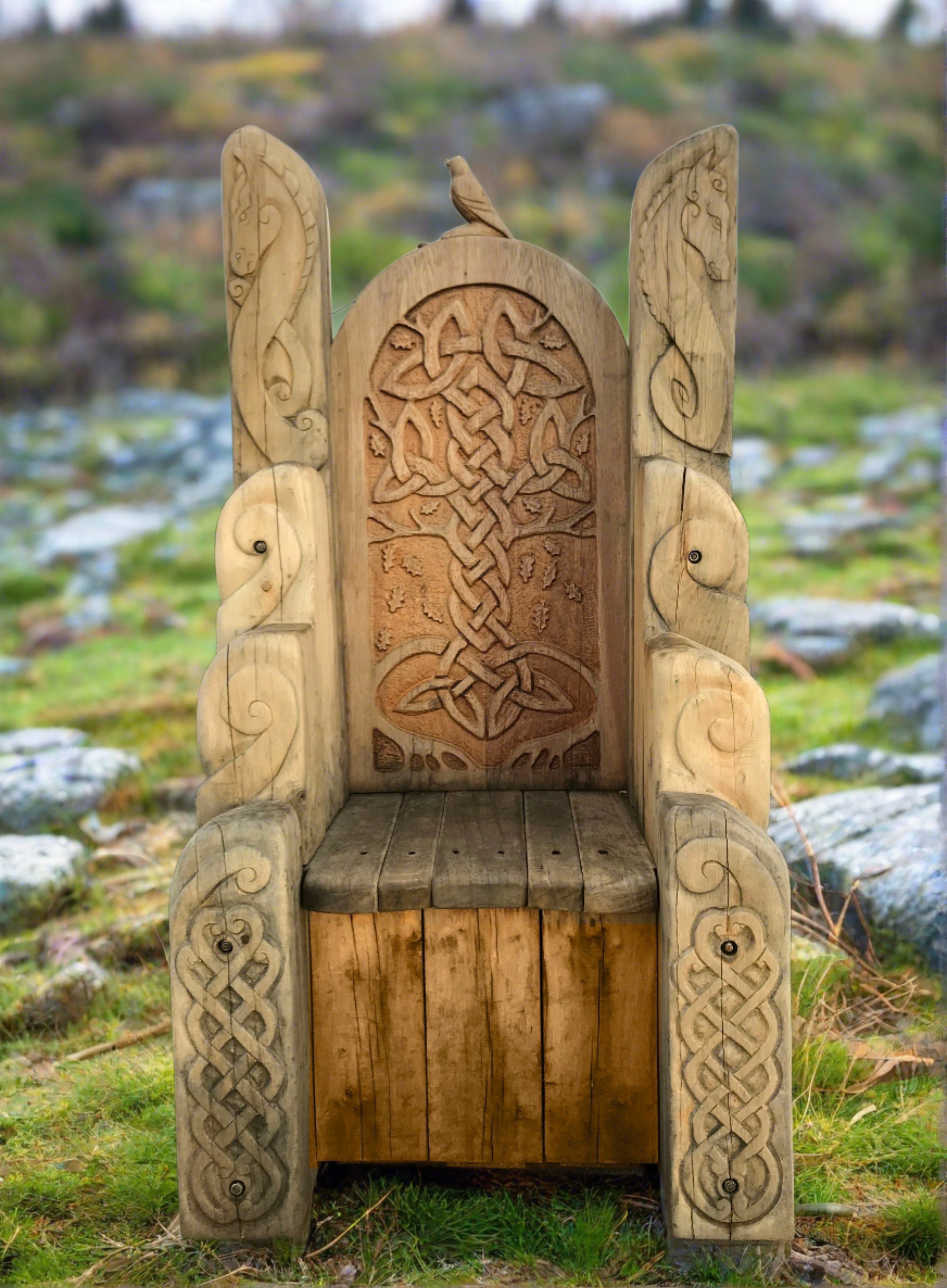 Wooden chair with branch design by lake