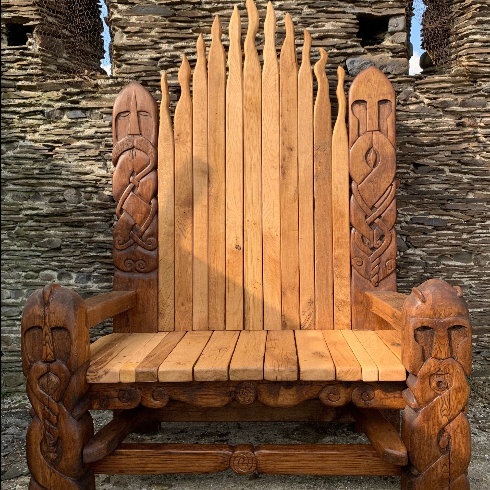 Viking Legend Bench Throne with intricate carvings