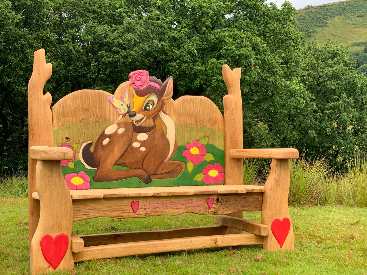 Rustic oak bench with Bambi artwork and heart details