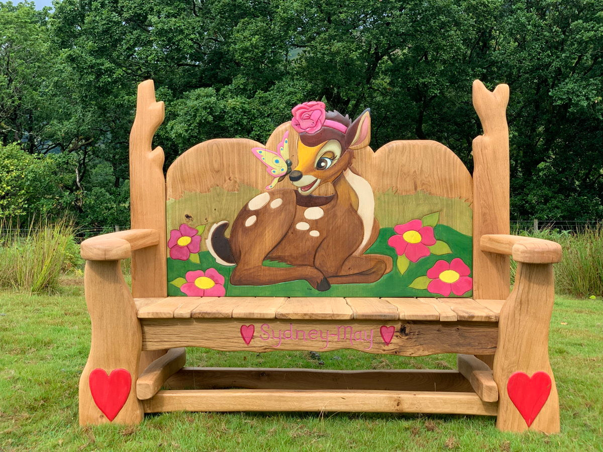 Decorative oak bench with Bambi and butterfly design