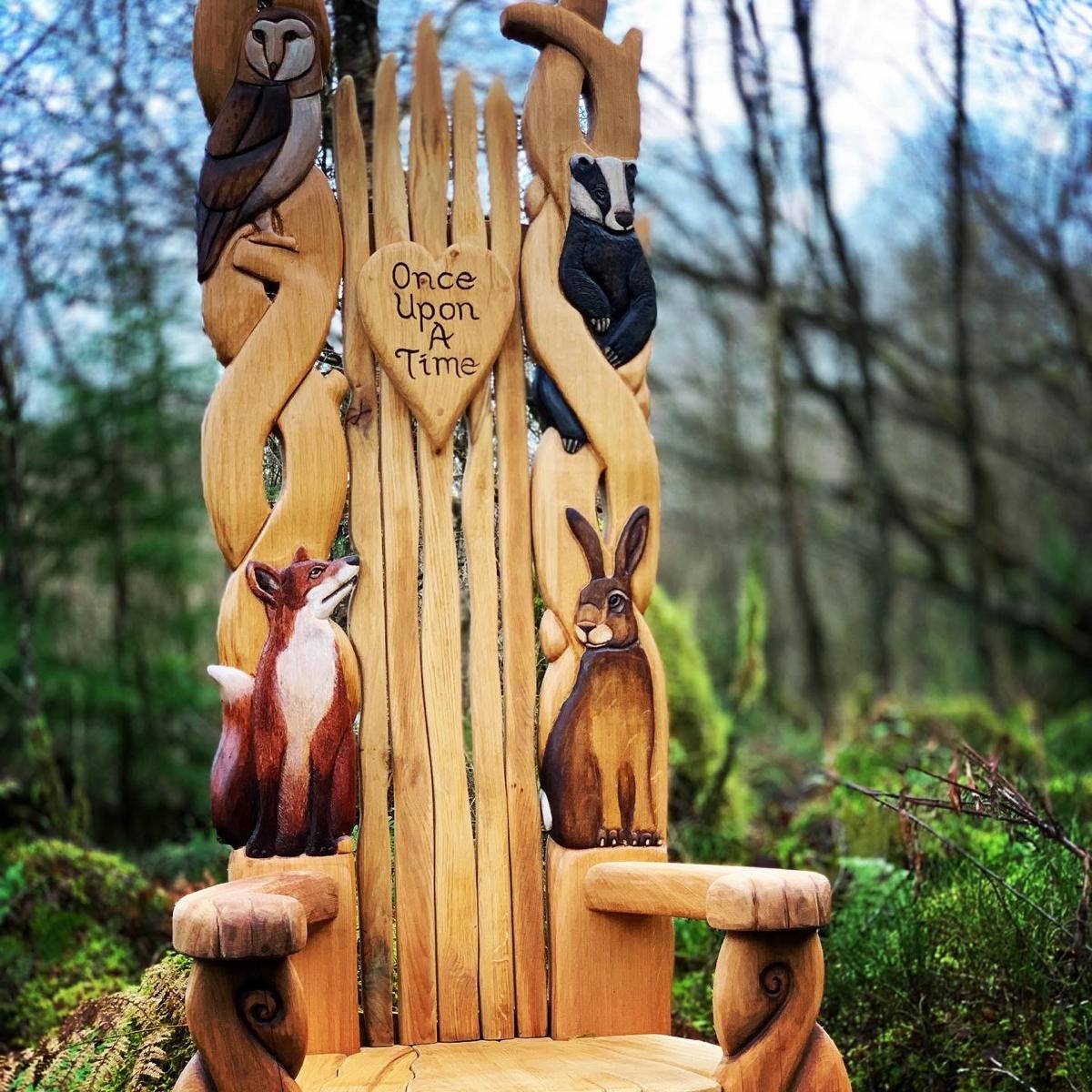 Woodland storytelling chair in forest setting